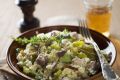 Filete de ternera sobre risotto de espinacas y gorgonzola
